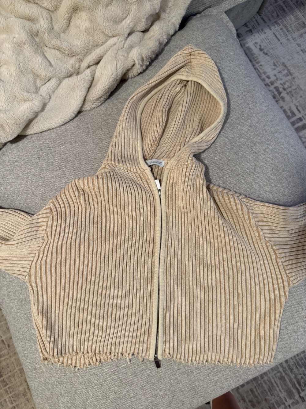 Zara Beige Ribbed Zip Hoodie Sweater